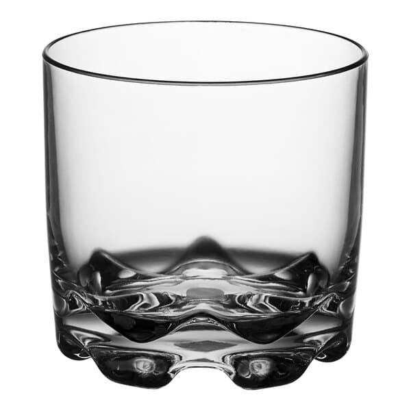 An Acopa Endure clear plastic rocks glass with a wavy edge.