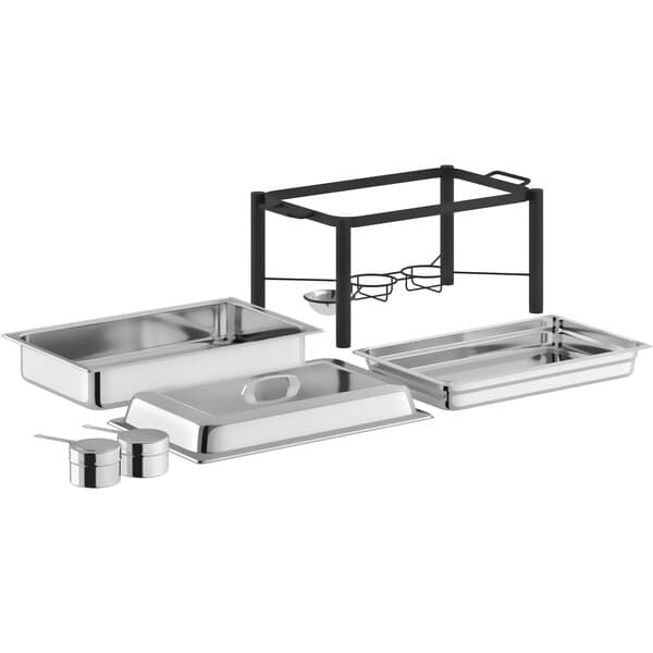 An Acopa wrought iron chafer kit on a metal tray with stainless steel pans.