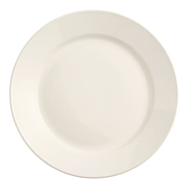 An Acopa ivory stoneware plate with a wide white rim.