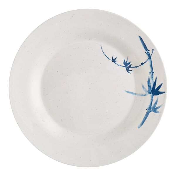 A white Acopa melamine plate with a blue bamboo design.