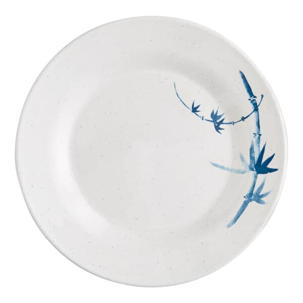 A white Acopa melamine plate with a blue bamboo design.