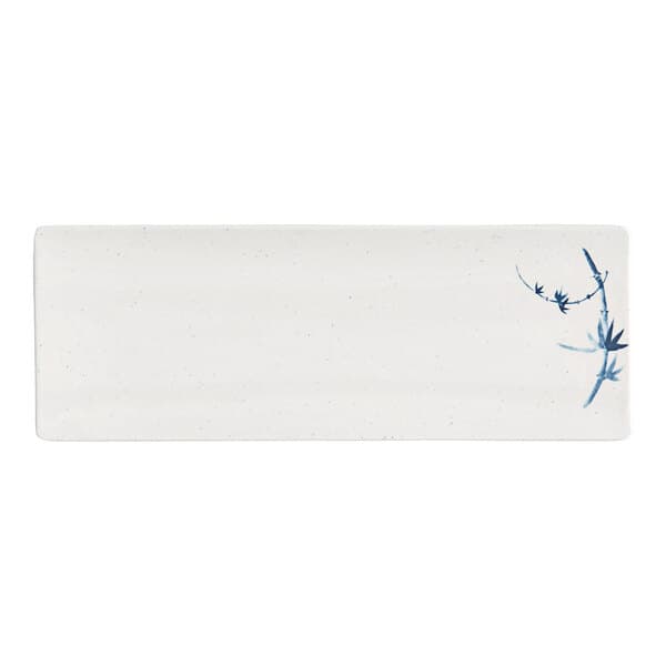 A white rectangular tray with blue bamboo.