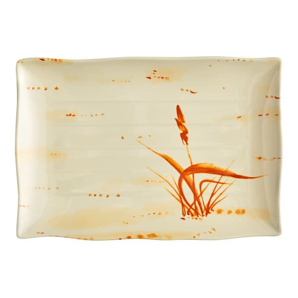 A rectangular beige plate with a design on it.