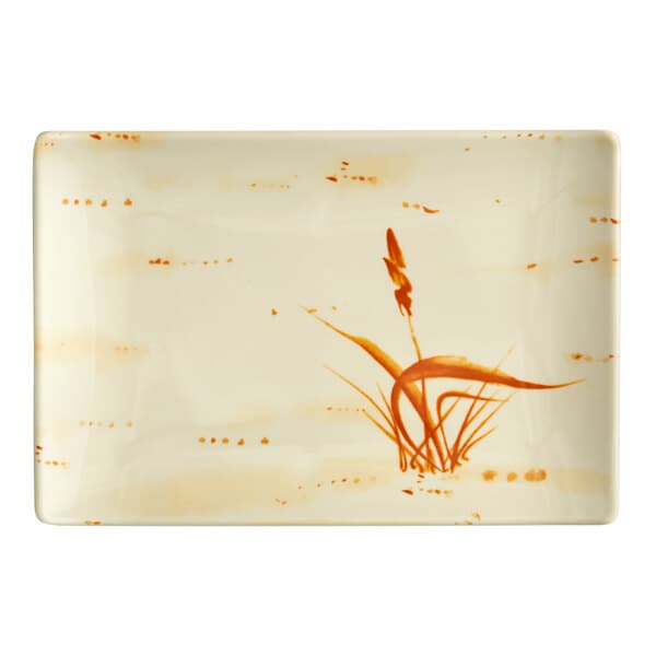 A rectangular beige Acopa Melamine plate with a gold design.