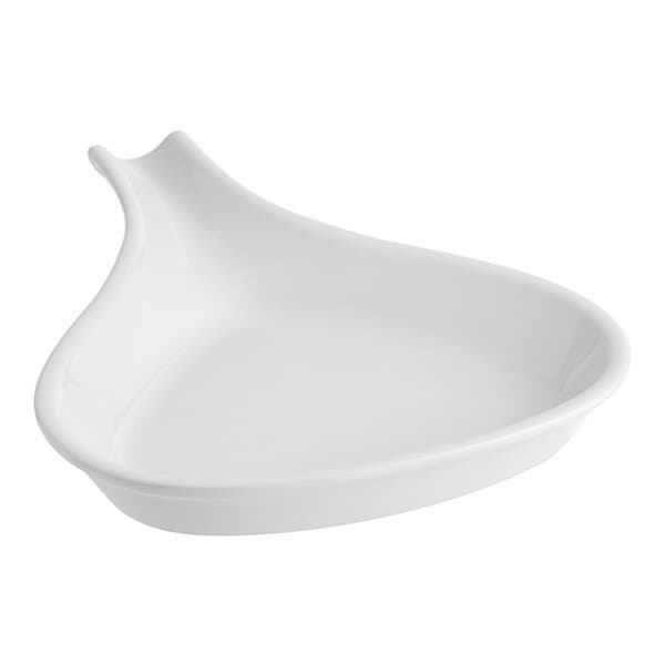 A white Acopa stoneware fry pan server with a bowl on top.