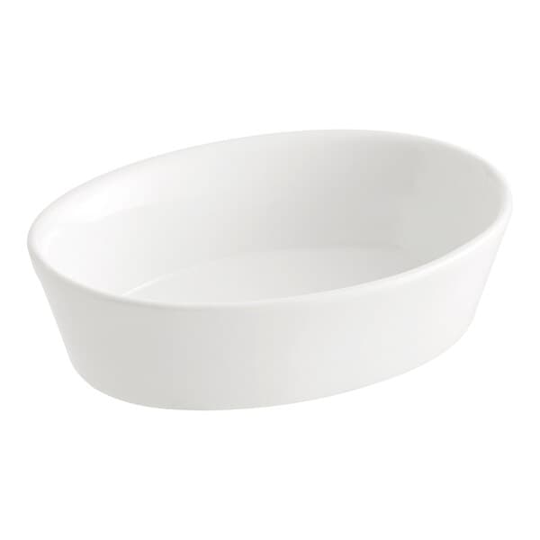 A white oval bowl on a white background.