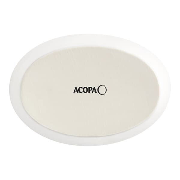 An Acopa white oval porcelain baker dish with black text.