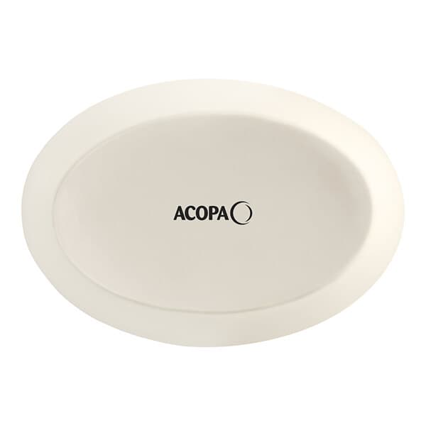 An ivory oval Acopa stoneware dish with black text.