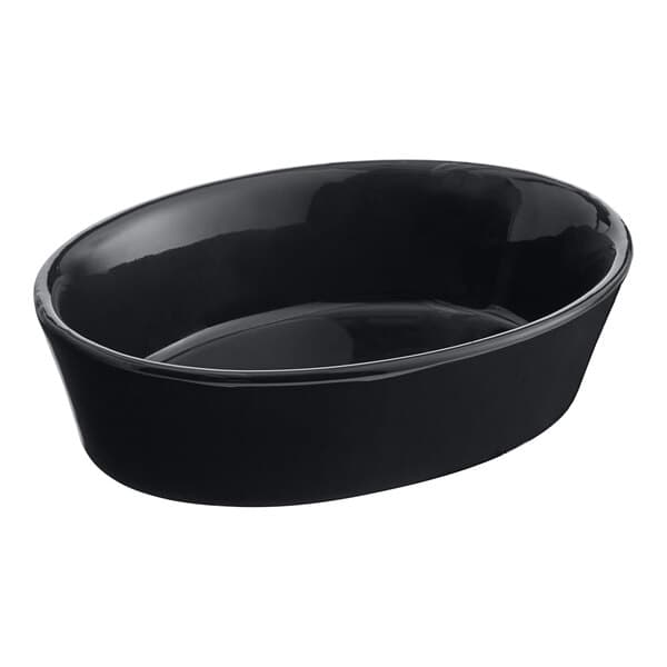 An Acopa black oval stoneware baker bowl.