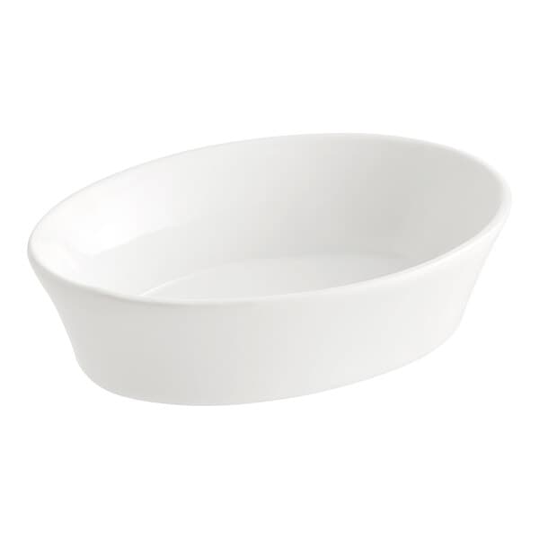 An Acopa white oval porcelain baker bowl.