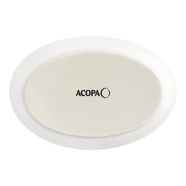 A white oval Acopa porcelain baker dish with black text.
