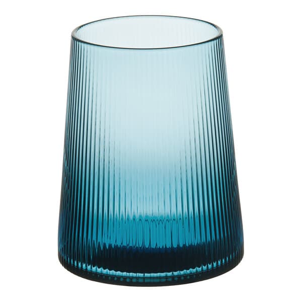 An Acopa blue stemless wine glass with a thin rim.