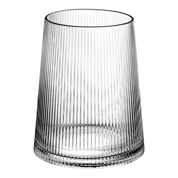 A close-up of an Acopa Lore stemless wine glass with a ribbed rim.
