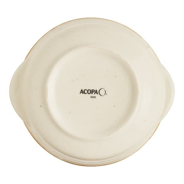 A white porcelain Acopa onion soup crock with the word "keystone" on it.