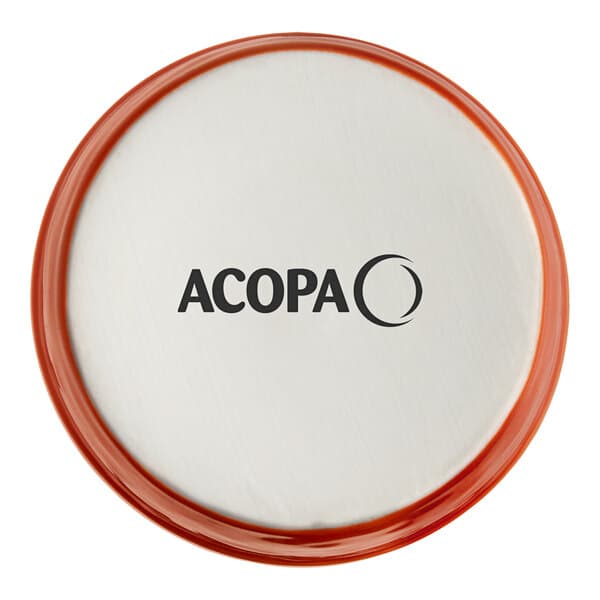 A round, orange-rimmed porcelain ramekin with the brand name 'Acopa' printed on the top.