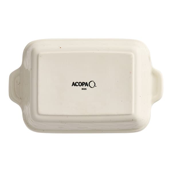 A white rectangular Acopa Keystone casserole dish with black text that reads "Vanilla Bean" and "Acopa"
