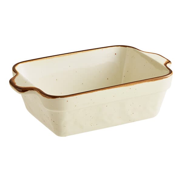 A white rectangular baking dish with brown trim.
