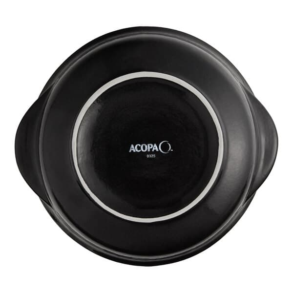 A close-up of a black Acopa Keystone porcelain onion soup crock with white lettering.