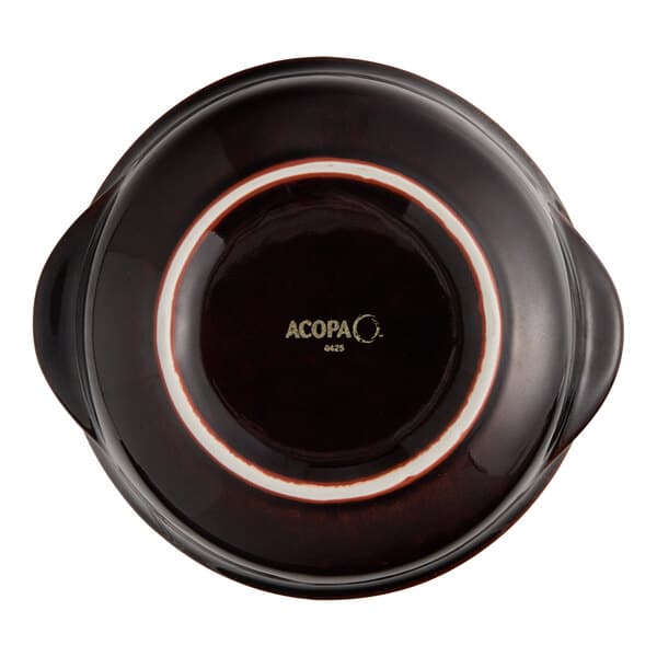 A close up of a brown Acopa Keystone Porcelain onion soup crock with a white rim.