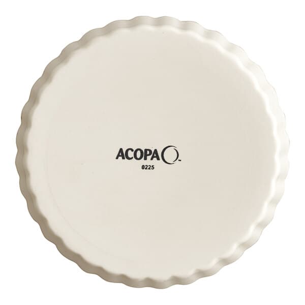 A white Acopa porcelain souffle dish with a black text label.