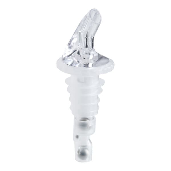 A clear plastic 1.25 oz. measured liquor pourer with a ribbed neck and angled spout.