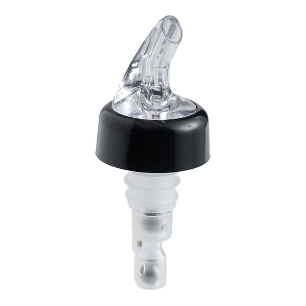 A clear and black measured liquor pourer with a collar designed to dispense 1.25 oz. servings.