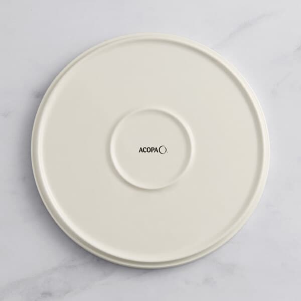 An Acopa Cape gray porcelain plate with black text reading "Cape" on it.
