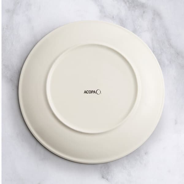 A round gray porcelain coupe plate shown upside down with the brand name 'Acopa' visible on the bottom.
