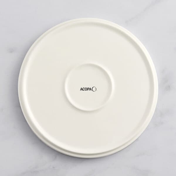 An Acopa Cape gray porcelain plate with black text that says "dia"