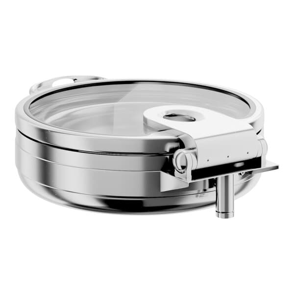 A round stainless steel induction chafer with a glass top and soft close lid.
