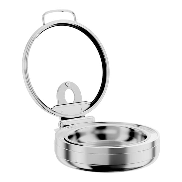 A round stainless steel induction chafer with a glass top and soft close lid.