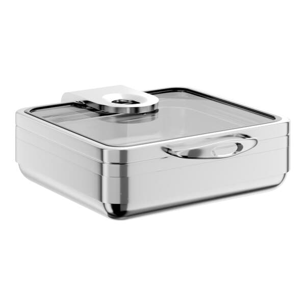 A square stainless steel induction chafer with a glass top and soft close lid.
