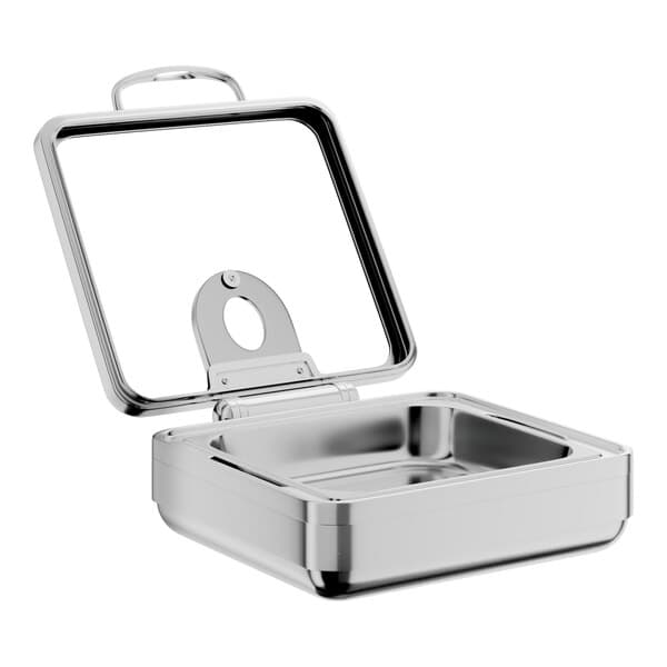 A square stainless steel induction chafer with a glass top and soft close lid.