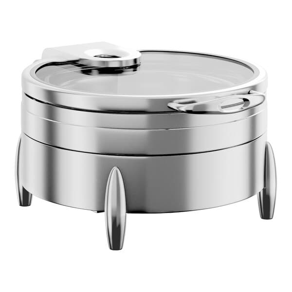 A round stainless steel chafer with a glass top, soft close lid, and stand, designed for induction or traditional heating.