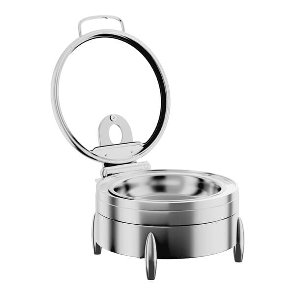 A round stainless steel chafer with a glass top, soft close lid, and stand, designed for induction or traditional heating.