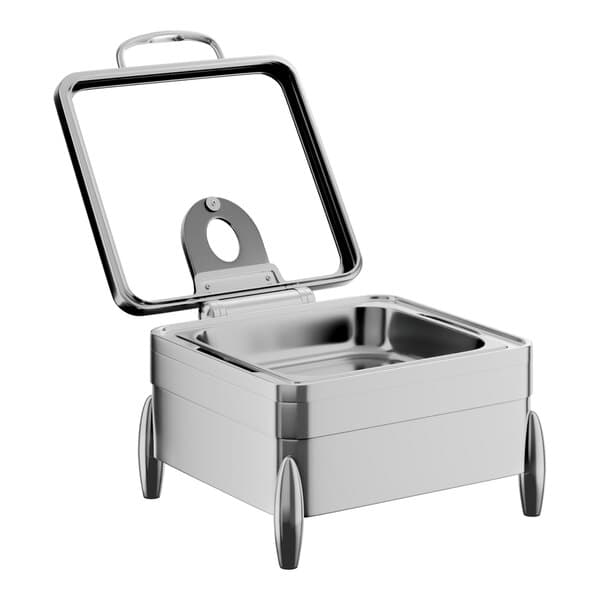 A square stainless steel chafer with a glass top, soft close lid, and stand, designed for induction or traditional use.