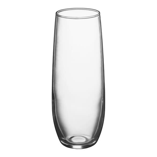 A clear glass bud vase with a tall, cylindrical shape.