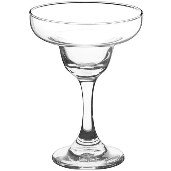 A clear 9 oz. margarita glass with a wide bowl and sturdy stem.