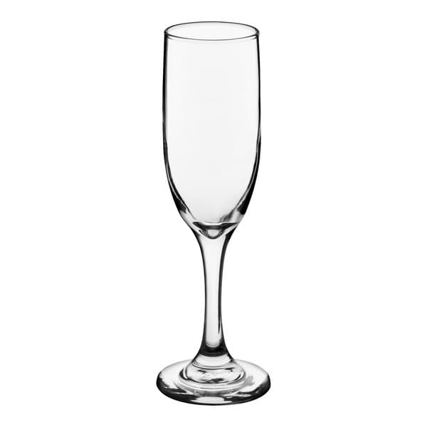 A clear 6 oz. flute glass with a long stem and narrow bowl.
