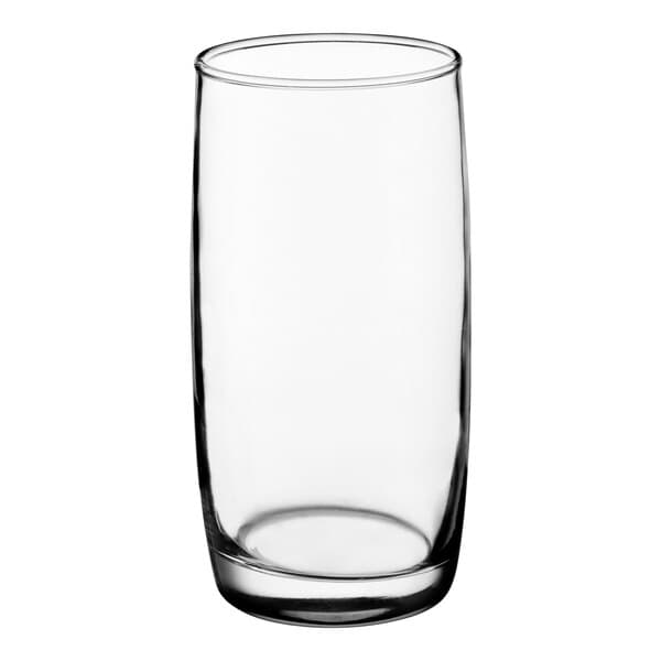 A clear, convex-shaped 14 oz. beverage glass.