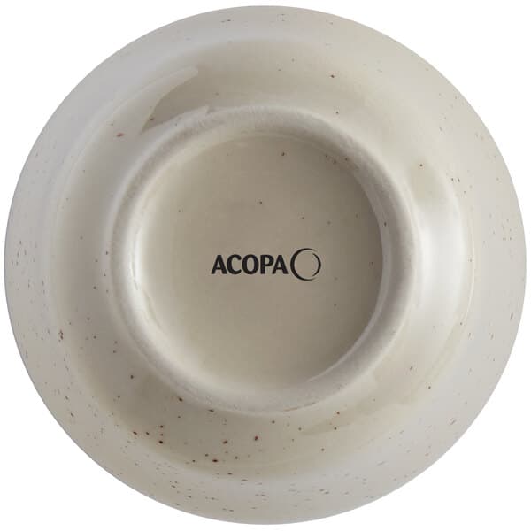 A brown speckled stoneware bouillon cup with a narrow rim and the word "Acopa" written in black.